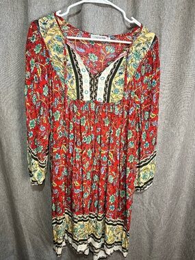 Temofon Red Floral Boho Peasant Dress Long Sleeve Mini Large